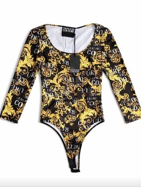 Versace Jeans Collection Black & Gold Baroque Long-Sleeve Bodysuit
